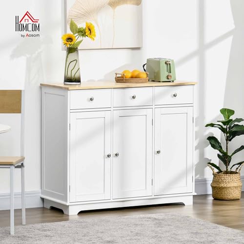 HOMCOM Sideboard Buffet Cabinet Solid Wood Countertop White | Modern Kitchen Storage, Coffee Bar Cabinet, 3 Drawers, Doors, Adjustable Shelf - color: White, size: 39.75" x 15.75" x 33.5"