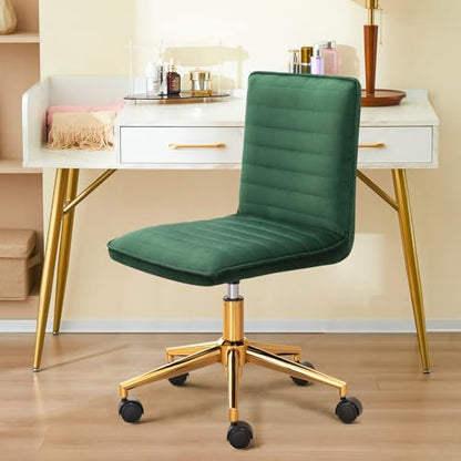 Furnimart Velvet Home Office Armless Desk Chair Adjustable Task Chairs Small Swivel Upholstered Office Chair Students Desk Chair Mid-Back Home Office Chair Dorm Chair (Velvet-DarkGreen) - color: Velvet-darkgreen
