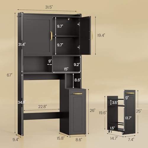 Over The Toilet Storage Cabinet with Pulley Bathroom Storage Cabinet, Space Saver W/Adjustable Shelf & Open Shelf for Bathroom, Restroom, Laundry (Black) - color: Black