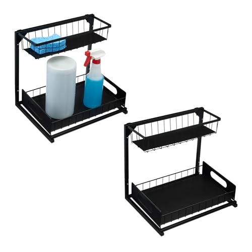 Amazon Basics L-Shape Under Sink Storage Pull Out Cabinet Organizer, Space-Saving Design, Durable and Rust-Resistant, Black, Pack of 2