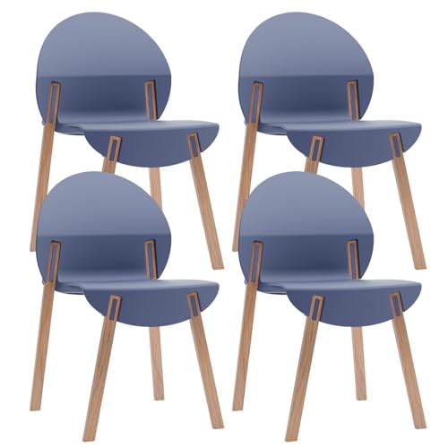 Stackable Plastic Dining Chair Set of 4, Modern Dining Chairs, 330lb Capacity, Protective Pads, 5-Second Cleanup, Kitchen, Dining Room, Balcony, Café, Commercial Use, Grey Blue Seat & Oak Legs - color: Blue