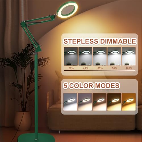 LANCOSC 15X Magnifying Glass with Light and Stand, 3-in-1 Adjustable Swing Floor Lamp, 5 Color Modes Stepless Dimmable, LED Lighted Hands Free Magnifier & Clamp for Reading, Crafts, Painting - Green - color: Green