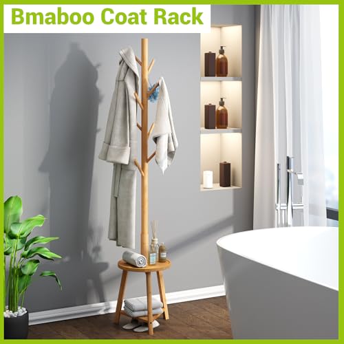 BMOSU Coat Rack freestanding Stand with 2 Shelves Bamboo Wooden Coat Tree Easy Assembly 8 Hooks Standing Jackets Hanger Hallway Office Floor Coat Stand Nature - color: NATURE