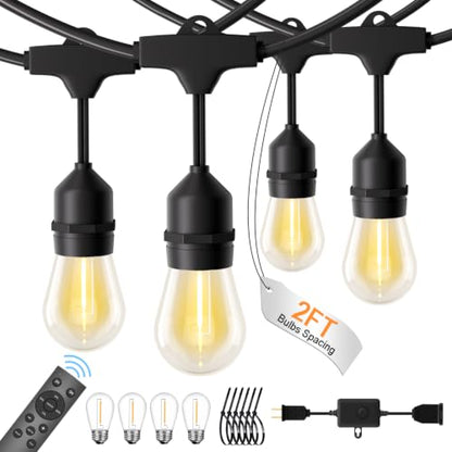 96FT Patio Lights, Remote & Connectable, Outdoor Waterproof | 2FT Bulb Spacing, Heavy Duty Commercial Grade, 18 AWG Cord, 48+4 Shatterproof Bulbs, Timer & Dimmable, IP65, 2700K Warm White - size: 96FT (48 Sockets)