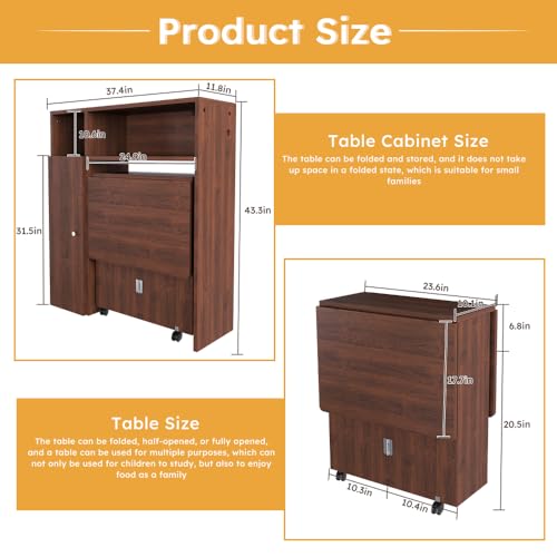 Wall-Mounted Folding Dining Set, Smart Sideboard with Power Outlet & Storage, 3-Mode Expandable Table for6 People, Space-Saving Solution for Small Apartments - color: Walnut (Table Only)