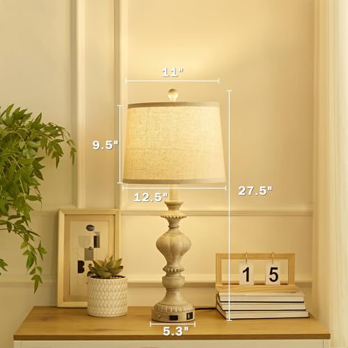 SAIWEYA 27.5" Farmhouse Table Lamps Set of 2, 3 Way Dimmable Touch Lamps | Touch Control, Dimmable, USB C+A Ports & AC Outlet, Bulbs Included, Bedside Nightstand Lamp for Living Room, Bedroom - color: Gray