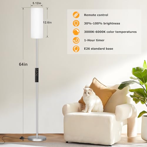 64'' Floor Lamps for Living Room with Remote Control and Stepless Dimmable Colors Temperature & Brightness, 9W Bulb Included(White Lampshade & Silver Pole) - color: white & silver, size: 64.57 inches Round Shade