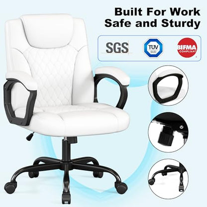 Misolant Office Chair, Executive Desk Chair, PU Leather Comfortable Ergonomic Chairs with Fixed Armrest, Adjustable Height, Rocking Function, 360° Swivel Wheels, White - color: White