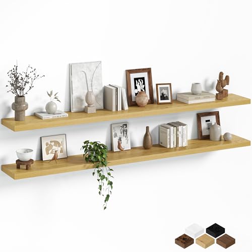Fun Memories Floating Shelves for Wall, 72 Inch Long Set of 2 Rustic Wood Wall Shelves with Invisible Brackets, Heavy Duty Storage Display for Living Room Bedroom Kitchen, Oak - color: Oak, size: 8"D x 72"L - 2Pack