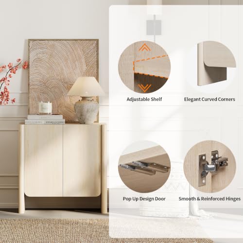 Buffet Cabinet, Coffee Bar Cabinet with Adjustable Shelf, Sideboard Storage for Living Room, Dining Room, Entryway, 31.5" W Rounded Wood Cabinet, Beige - color: Beige