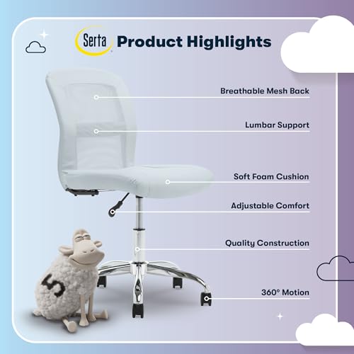Serta Armless Small Home Desk Chair with Wheel, Ergonomic Mesh Office Chair | Essentials, Leather & Foam Cushioned Seat, Adjustable Height, Vanity Chair for Bedroom & Small Space, 360° Swivel, Sky Blue - color: Sky Blue