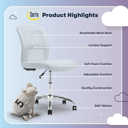 Serta Armless Small Home Desk Chair with Wheel, Ergonomic Mesh Office Chair | Essentials, Leather & Foam Cushioned Seat, Adjustable Height, Vanity Chair for Bedroom & Small Space, 360° Swivel, Sky Blue - color: Sky Blue