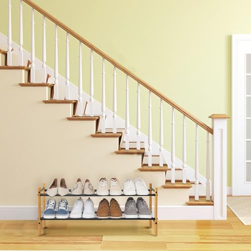 STORAGE MANIAC Expandable Shoe Rack, 8 Pairs Stackable Small Shoe Rack, Metal Adjustable Shoes Organizer for Closet, Entryway, Hallway, Garage, Front Door, Shoes Shelves, Bamboo 2 Tier - size: 2 Tier