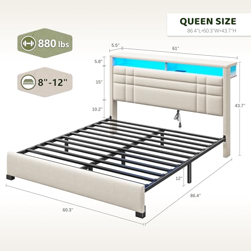EnHomee Queen Upholstered Bed Frame with Charge Station & LED Lights, Beige | 2-Tier Shelves Headboard, 12" Under-Bed Storage Space, Noise-Free, No Box Spring Needed, Easy Assembly - color: Beige, size: Queen (U.S. Standard)