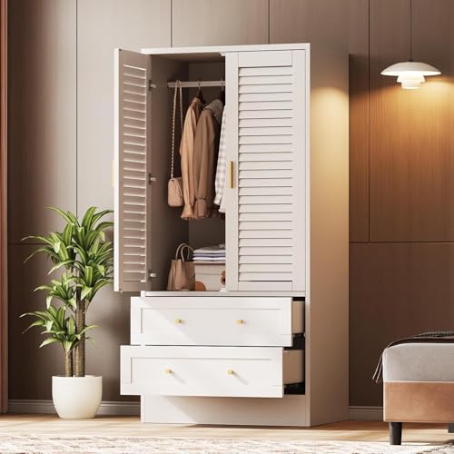 65" White Wooden Storage Cabinet, Freestanding Storage Cabinet with 2 Doors, 2 Drawers & Hanging Rod for Bedroom, Cloakroom, Laundry Room & Entrance Hall, White