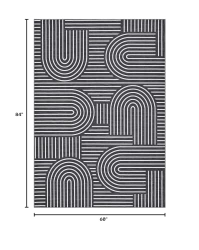 ROYHOME Modern Washable Rug 5x7 Area Rugs for Living Room Non Slip, Black | Abstract Rug for Bedroom, Rainbow Throw Rugs with Rubber Back, Low Pile Stain Resistant Boho Geometric Carpet for Dining Room - color: Black, size: 5' x 7' (Rectangular)