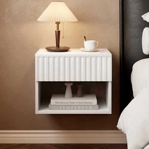 Floating Nightstand Set of 2, Modern Wall Mounted Bedside Tables with Fluted Drawer, Night Stand Small End Table with Open Storage Shelf for Bedroom, Living Room, Small Spaces, White