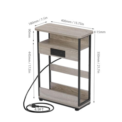 YEAKOO Narrow Side Table with Charging Station, 3-Tier End Table with 2 USB Ports & Power Outlets,Thin Sofa Side Table for Narrow and Small Spaces, Bedside Table Nightstand for Living Room,Oak - color: Oak
