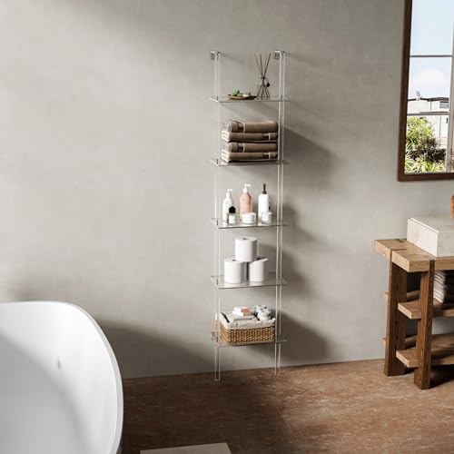 Small Acrylic Ladder Bookshelf, 9.5" D x 15.6" W, 5-Tier Clear Wall Mounted Book Shelf for Small Spaces, Multipurpose Bookcase for Living Room, Bathroom, Office, Modern, 73" H - size: 5-Tier