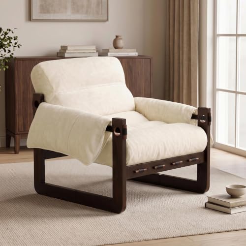 Chenille Accent Chair, Comfy Armchair for Living Room, Beige | Wide padded seat, high-density foam, solid wood frame, 350 lb support, comfy lounge chair, reading chair, bedroom chair - color: Chenille-beige
