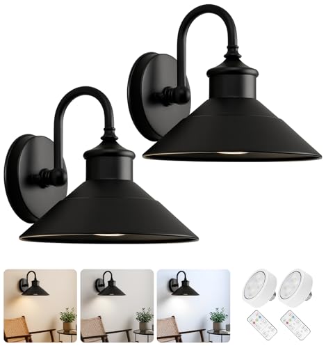 JOESA Battery Operated Wall Sconce Set of 2, Black Vintage Wireless Industrial Cordless Battery Powered Wall Sconces, for Bedroom Farmhouse Gallery
