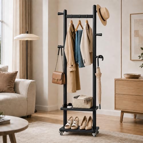 Small Clothes Rack Solid Wood Coat Rack Freestanding with Wheels | Space Saving, Stable 5 Hooks 2 Shelves Coat Tree, Silent 360 Degree Wheels, Heavy Duty 150 lb Capacity for Entryway Bedroom - color: Black, size: S: 15.7" x W: 11.8" x H: 70" (With Wheels)