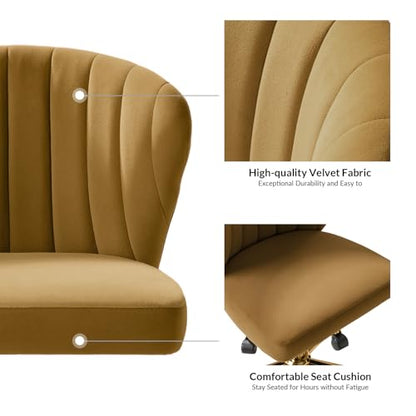 TINA'S HOME Velvet Office Desk Chairs with Wheels & Gold Base, Golden | Modern Velvet Cute Armless Office Chair, Adjustable Low Back Swivel Vanity Chair, Upholstered Task Chair for Living Room - color: Golden
