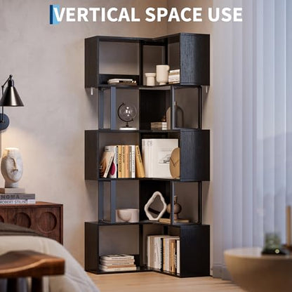 Garvee Corner Bookshelf, 62.6" Tall Metal Wooden Bookcase, Modern Freestanding Corner Shelf with Baffle, 5-Tier L-Shaped Display Rack Storage Organizer for Home Office, Living Room | Modern Freestanding Corner Shelf with Baffle, 5-Tier L-Shaped Display Ra