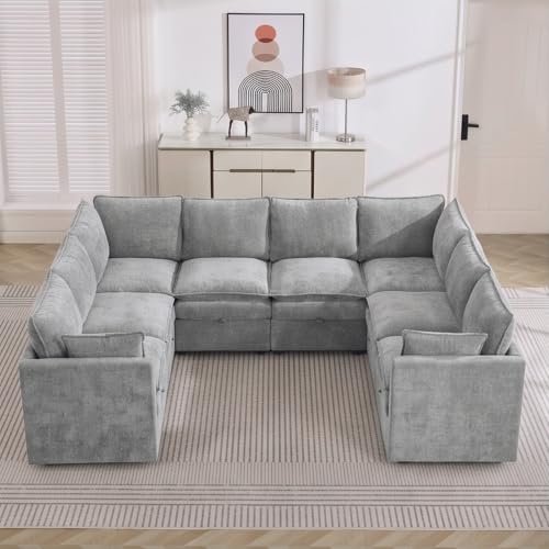 105" Light Grey Oversized Modular Storage Sofa, U Shaped Chenille Couch | Oversized Convertible Sectional Sofa, 8-Seat Sectional Couch With Armrests, Large Cloud Couch For Living Room, Apartment. - color: Light Grey, size: 105"U-Shape Sofa