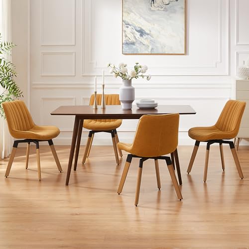 MidCentury Upholstered Swivel PU Dining Chair Set of 4 YellowBrown | 360° swivel curved foam-padded seat armless design dining room chairs accent chairs solid wood legs floor protection pads - color: Yellow Brown, size: Set of 4-PU