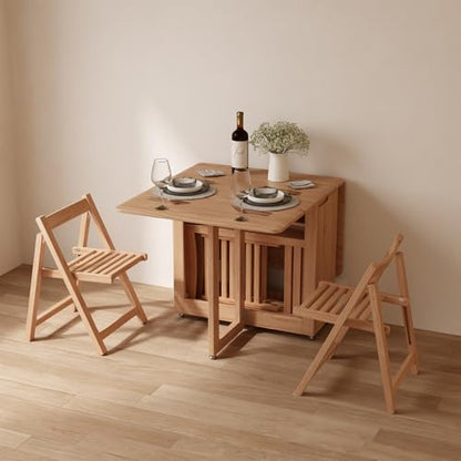 AnywaysWood Folding Dining Table with 2 Foldable Chairs Set, Space Saving Extendable Solid Wood Drop Leaf Table for Kitchen Dining Living Room Small Spaces Easy Assembly (55.12"×31.5"×30.1") - size: 1 table2 Chairs log wood