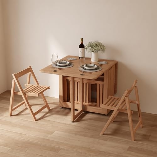 AnywaysWood Folding Dining Table with 2 Foldable Chairs Set, Space Saving Extendable Solid Wood Drop Leaf Table for Kitchen Dining Living Room Small Spaces Easy Assembly (55.12"×31.5"×30.1") - size: 1 table2 Chairs log wood