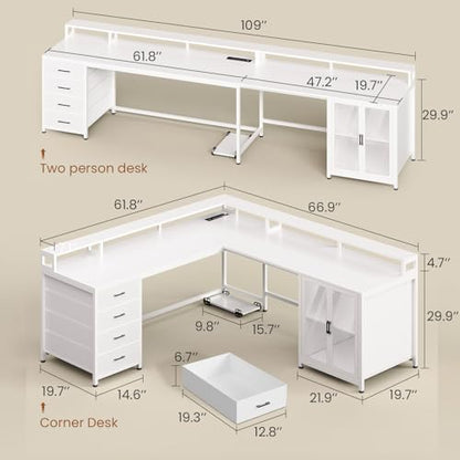 SEDETA L Shaped Gaming Desk with 4 Drawers, 109” Computer Desk with Display Cabinet, Home Office Desks with 2 Monitor Stands, CPU Stand, LED Lights and Power Outlet, White - color: White
