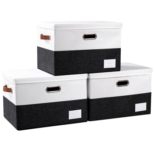 Foldable Storage Bins with Lids [3-Pack] Fabric Collapsible Storage Boxes Baskets Cubes Containers with Handles for Closet Living Room Bedroom (Black & White 17.7x11.8x11.8'') - color: Black & White, size: L(3-Pack)