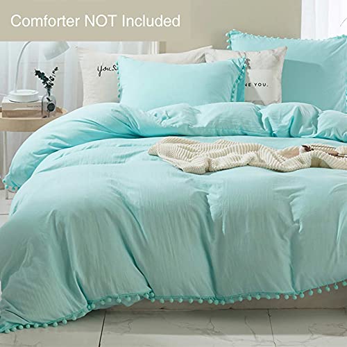 ETDIFFE Turquoise Boho Duvet Cover Set Twin Size, 2 Piece, 68x90 Inch | Bohemian Aqua Pompom Microfiber Bed Comforter Cover Set, Farmhouse Soft & Lightweight Teal Bedding Quilt Cover - color: Turquoise, size: Twin (One Pillowcase, No Comforter)