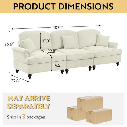 Modular Sectional Sofa Couch, Comfy Chenille Sofa with Removable Ruffled Skirt, Flared Armrests, Sturdy Legs, Convertible 3-Seat for Living Room, Bedroom, Apartment (Beige) - color: Beige, size: 107.1 Inch