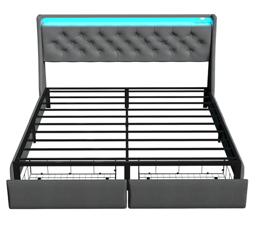 SADENICEL Queen Bed Frame with 2 Storage Drawer, Queen Size Bed Frame, Grey | Headboard with Charging Station and LED Lights, Metal Platform Bed with Storage Shelf, Noise Free, No Box Spring Needed - size: Queen, style: 2 Storage Drawer