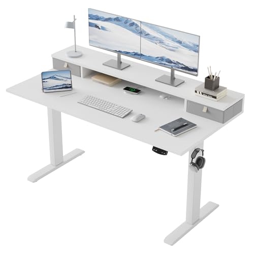 Klicelor 55 x24 Inch Electric Standing Desk with Drawers, Adjustable Height Small Sit Stand Desk for Home Office, Compact Computer Workstation with Storage– White - color: White, size: 55 x 24 Inch