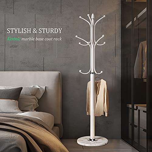 Kertnic Freestanding Coat Rack Stand, Heavy Duty Metal Hall Tree with 12 Hooks, 70 Inch Tall Stable Coat Hanger with 14.6" Natural Marble Base, Entryway Organizer for Coats Bags Hats Purses (White) - color: White