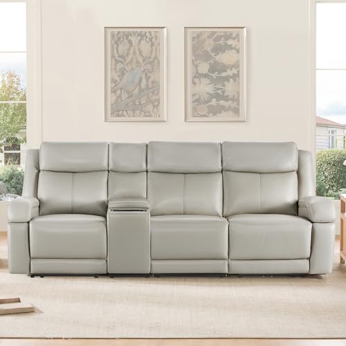 Watson & Whitely Wall Hugger Power Reclining Sofa with Console, Grey | Genuine Leather Recliner Sofa, Power Headrests, Center Storage Console, Cup Holders, 3-Seater Couch, Living Room & RV - color: Grey, style: 3 Seater Sofa (with console)