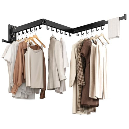 Wall Mounted Collapsible Clothes Drying Rack, Space-Saving Laundry Drying Rack Clothing Hanger, Durable Foldable Design Extends Left, Right & Up for Upgraded Versatility - style: Upgrde-Black Hooks
