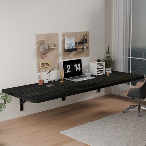 IAE Floating Wall Mounted Folding Table Desk with Pine Wood,60x22in, Black | Foldable Workbench,Fold Down Wall Mounted Foldable Desk with Shelf Brackets,Laundry Folding Table for Home,Dining,Kitchen - color: Black, size: 60*22*10 Inch
