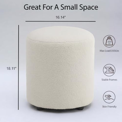 Modern Round Vanity Stool, Small Ottoman, Cute Fabric Foot Stool, Teddy Fleece Footrest, Upholstered Vanity Chair, Stool for Makeup, Bedroom, Living Room (2, Round-White) - color: Round-white