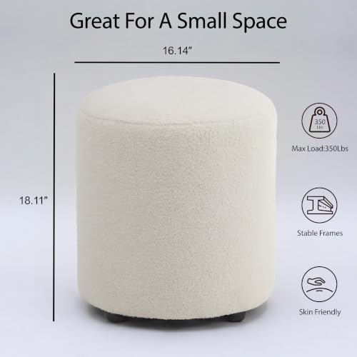 Modern Round Vanity Stool, Small Ottoman, Cute Fabric Foot Stool, Teddy Fleece Footrest, Upholstered Vanity Chair, Stool for Makeup, Bedroom, Living Room (2, Round-White) - color: Round-white