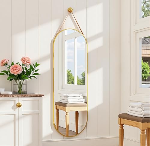 Dewfig 48"x16" Full Length Mirror, Oval Wall Mirror, Leather Strap, Gold | Hanging Mirror with Aluminum Frame, Leaning/Hanging/Wall-Mounted, Suitable for Bedroom, Livingroom, Cloakroom, Entryway - color: Gold-oval, size: 48"L x 16"W