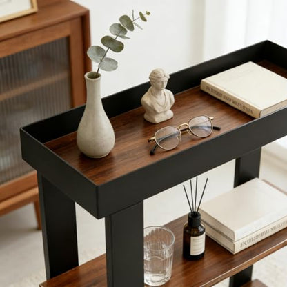 3-Tier Narrow Side Table with Tray Top,Slim Side Table,Rustic Brown | Rustic Farmhouse Narrow End Table with Storage, Modern Slim Table Nightstand for Small Spaces, Bedroom or Living Room - color: Rustic Brown