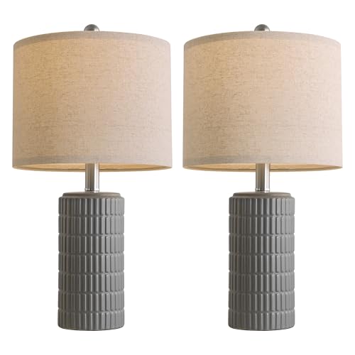 PoKat 20.75'' Ceramic Small Table Lamps for Bedroom, Modern Dark Gray Bedside Lamps Set of 2, Farmhouse Lamps for Living Room with Linen Lampshade for Night Stands Guest Room Side End Table Console - color: Dark Grey