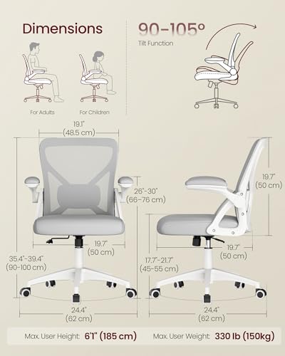 VASAGLE Chair, Adjustable Ergonomic Mesh with Lumbar Support | Office chair with 90-105° tilt function, wide seat, flip-up armrests, Dove Gray UOBN045GD01S - color: Dove Gray, size: Set of 1, style: Office Chair Without Headrest