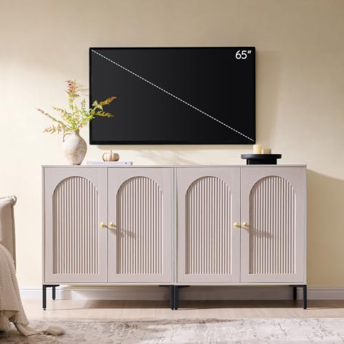 IFBUY 61.75" W Mid Century Modern TV Stands for Living Room, Light Grey | Wood Entertainment Center w/Adjustable Shelves, Media Console w/Arched Fluted Doors, Entryway Cabinet Fits 65, 70, 75 Inch TV - color: Light Grey, size: 15.75"D x 61.75"W x 34"H