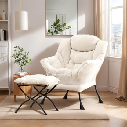 Lazy Chair with Ottoman, Soft Comfy Chair for Bedroom, Beige | Reading Accent Lounge Chair with folding Foot Stool for Living Room Dorm Apartment, sturdy metal frame - color: Beige